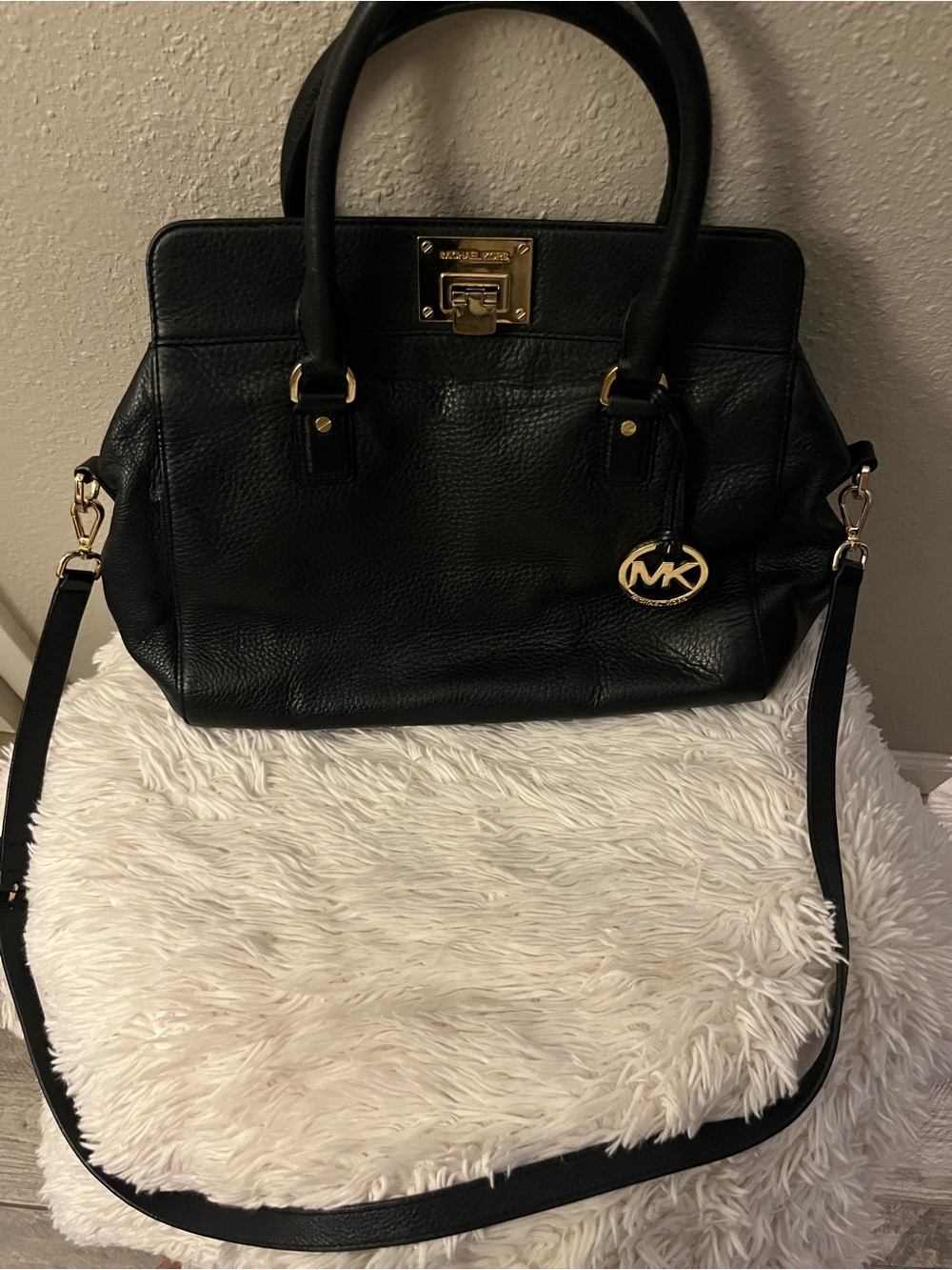 Michael Kors Black Leather Satchel with Gold Hardware and MK Charm